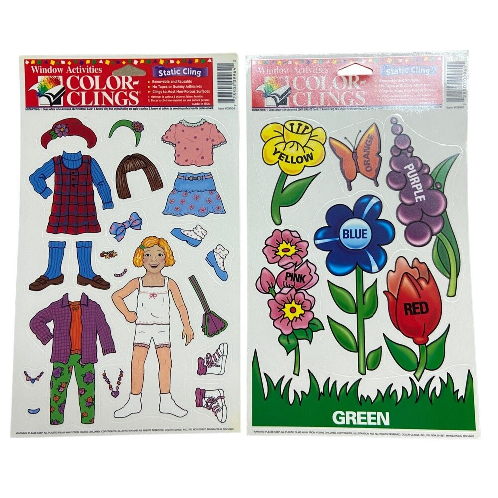 Colorful Paper Doll Window Clings Color Flowers  2 cards